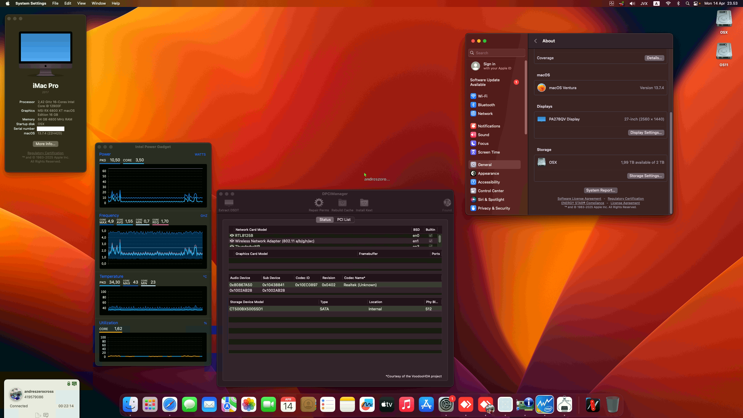 Success Hackintosh macOS Ventura 13.7.4 Build 22H420 in Asus TUF Gaming B760M-Plus Wifi II + Intel Core i9 12900F + MSI RX 6800 XT